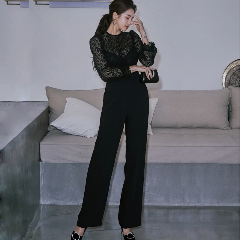 

new arrival fashion spring jumpsuit women OL temperament sexy perspective lace stitching black slim straight long jumpsuit