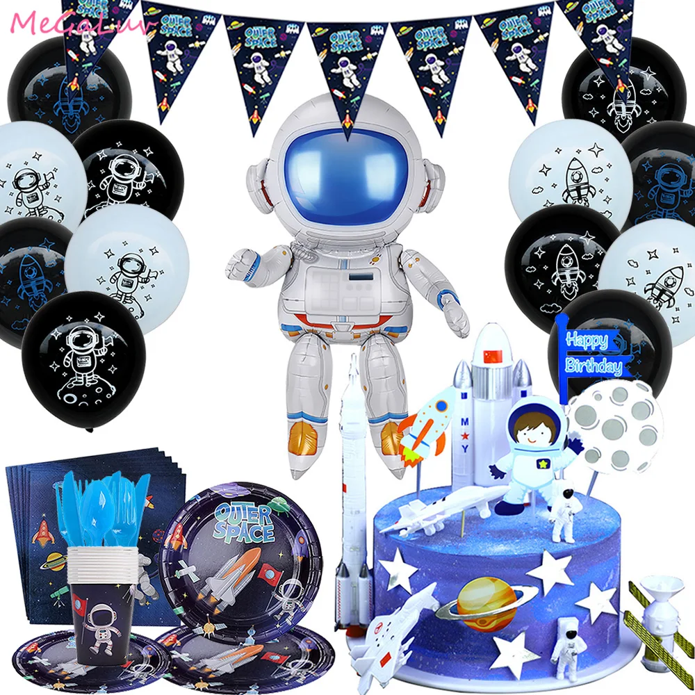 

Outer Space Astronaut Theme Party Disposable Tableware Paper Cups Plates Napkin Rocket Balloon Cake Toppers Birthday Party Decor