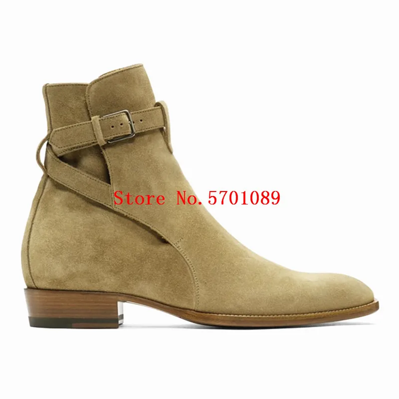 

Men Taupe Suede Wyatt Jodhpur Boots Genuine Calf Leather Buckl Ankle Boots Slip On Paris Catwalk Chelsea Boots Shoes