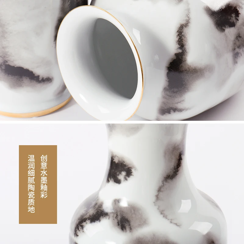 

Vase Ink Pattern New Chinese Style Large Mouth Flower Model Room Soft Decoration Desktop DecorationTZ