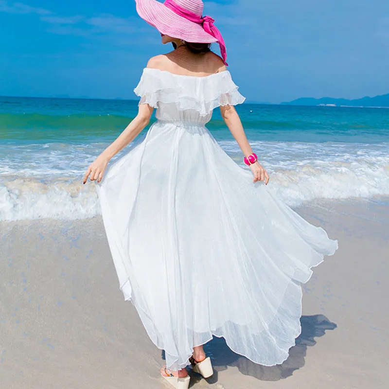 

Летнее платье для отдыха, Пляжное богемное шифоновое белое элегантное женское платье, Модное Длинное платье без рукавов с оборками, Vestidos WX61 ...