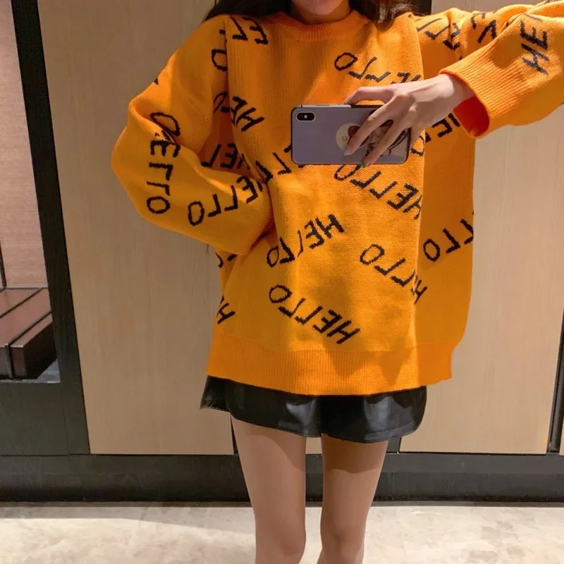 Gaganight Хелло Свободный Повседневный женский свитер с длинными рукавами и круглым