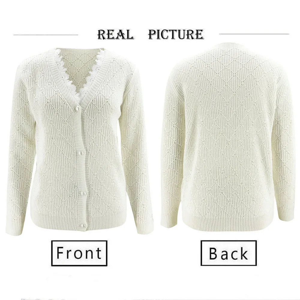 

Autumn Sweater V-Neck Lace Sweet And Versatile Knitted Sweater Women Loose Solid Color Hollow Out Long-Sleeved Knit Pullovers