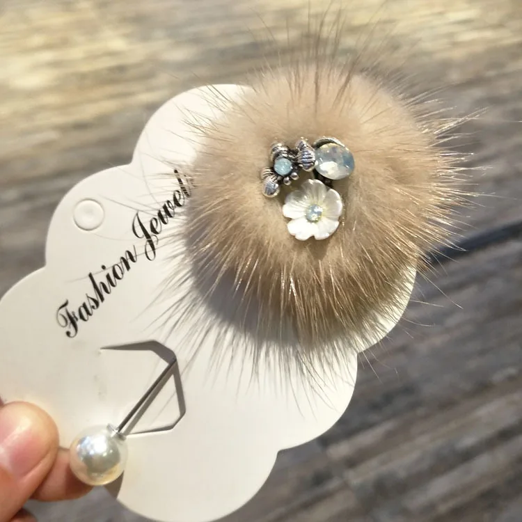 Beige Brooch I-Remiel, женская мода, шарик из меха норки, женский цветок, длинная игла, брошь на булавке, шарфы, цинковый сплав, жемчужные булавки и броши, платье для рубашки - Окраска металла: Beige Brooch