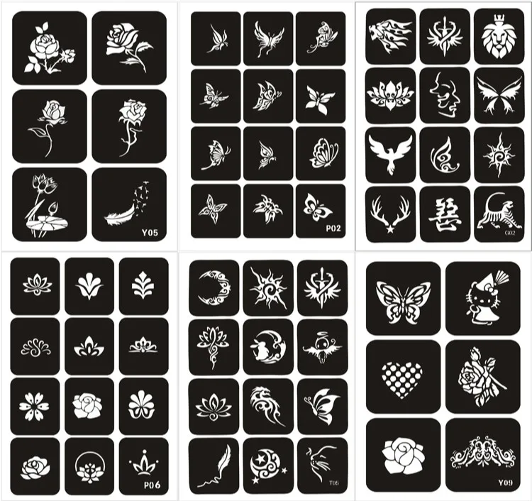 60 шт. трафареты для блестящих Татуировок Роза бабочка цветок Plantillas Tatuajes хна боди-арт трафарет для аэрографа pochor Tatouage