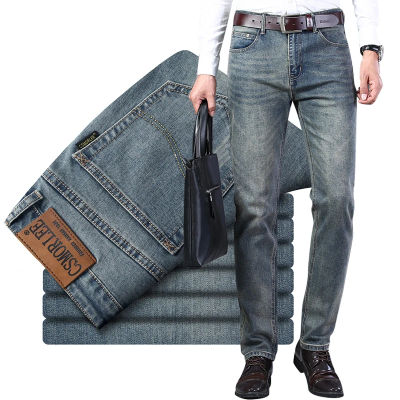 Новые осенние мужские синие джинсы с прямыми штанинами, деловые повседневные хлопковые Стрейчевые джинсовые брюки, мужские Брендовые брюк...