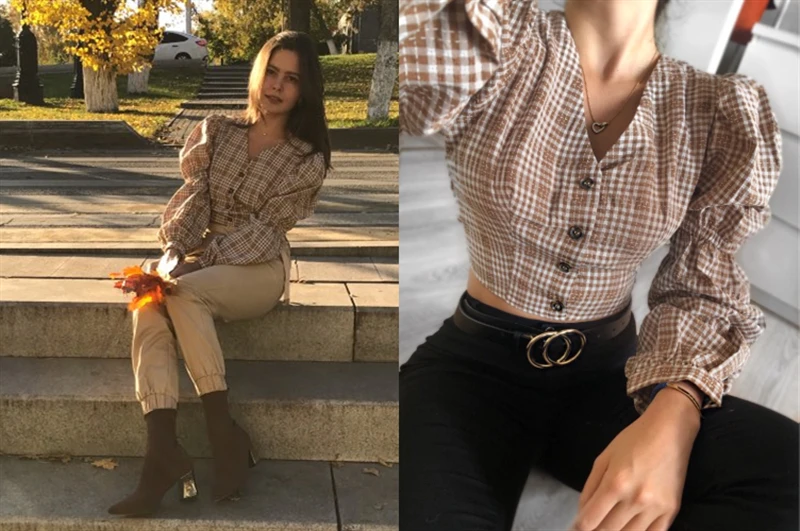 BeAvant клетчатая рубашка женская sexy блузка клетчатая рубашка женская sexy блузка спинка зашнуровать женский топ рубашка Осень слойка рукава негабаритных женская блузка рубашка