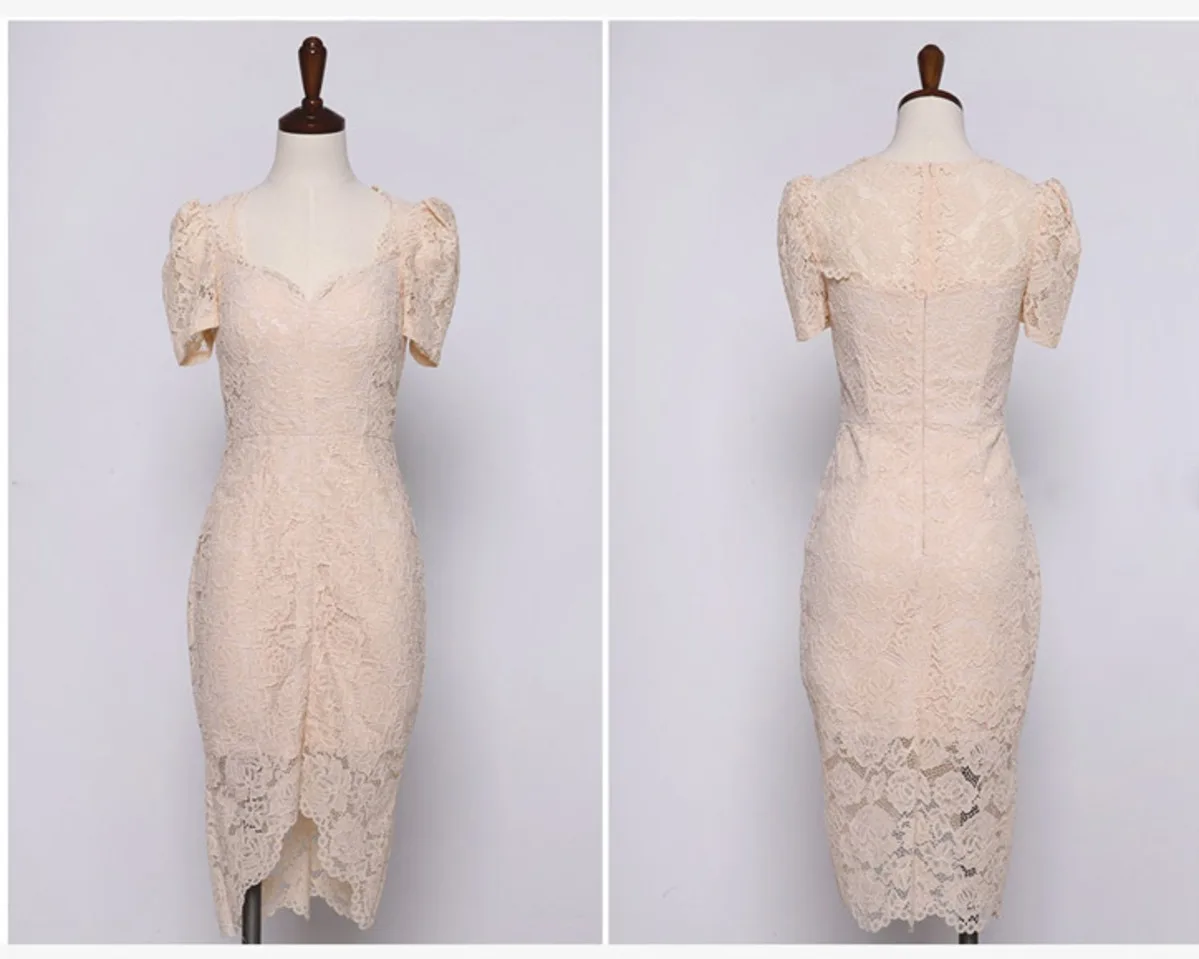 

BacklakeGirls 2021 New Style Elegant V Neck Puff Short Sleeve Cocktail Dress Special Occasion Split Lace Sexy Party Dresses