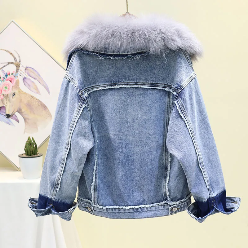 Модная Джинсовая куртка женская с лисьим меховым воротником 2019 новое зимнее