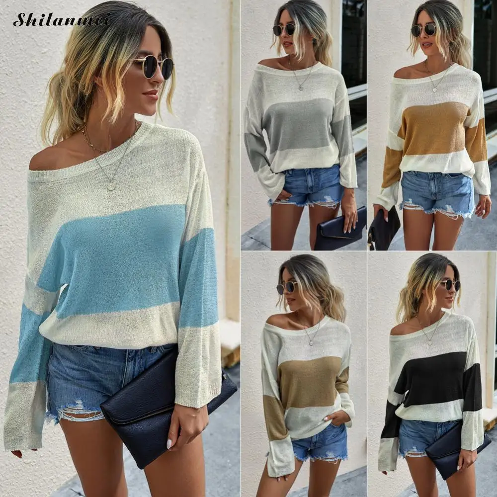 

Women Oversized Sweater Fashion Striped Loose Knitted Sweaters Women Casual Long Sleeve Pullover Ladies Streetwear Jumper Tops