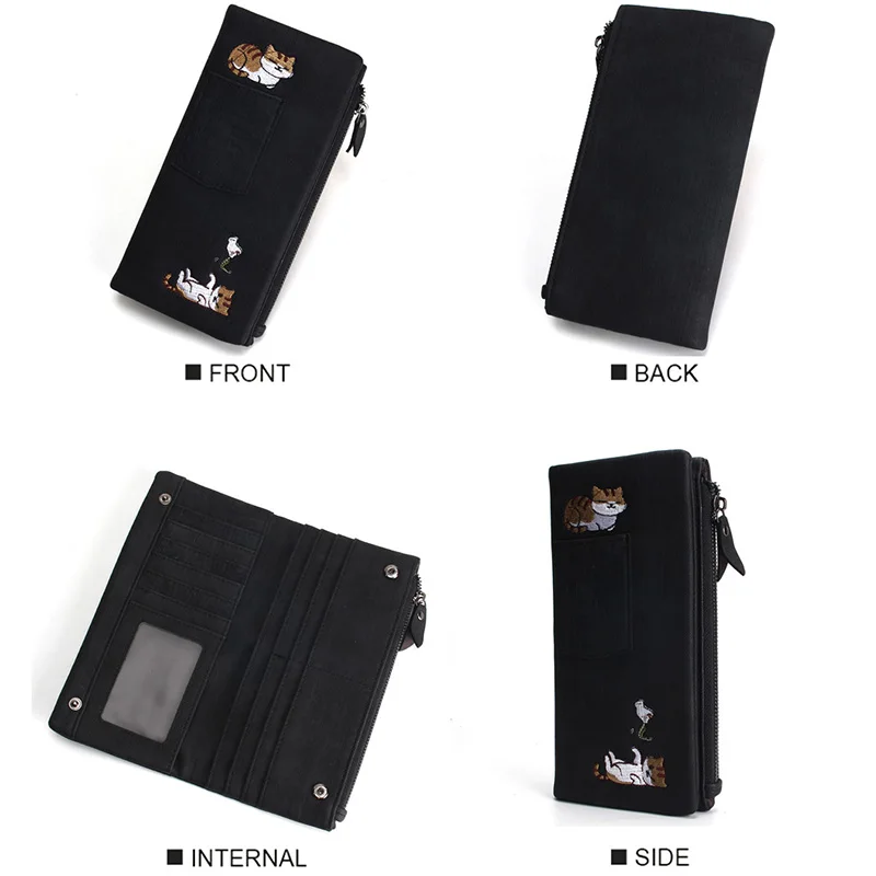 

Women Cute Cat Wallet Long Zipper Jeans Style PU Leather Phone Case Card Holder Purse -OPK