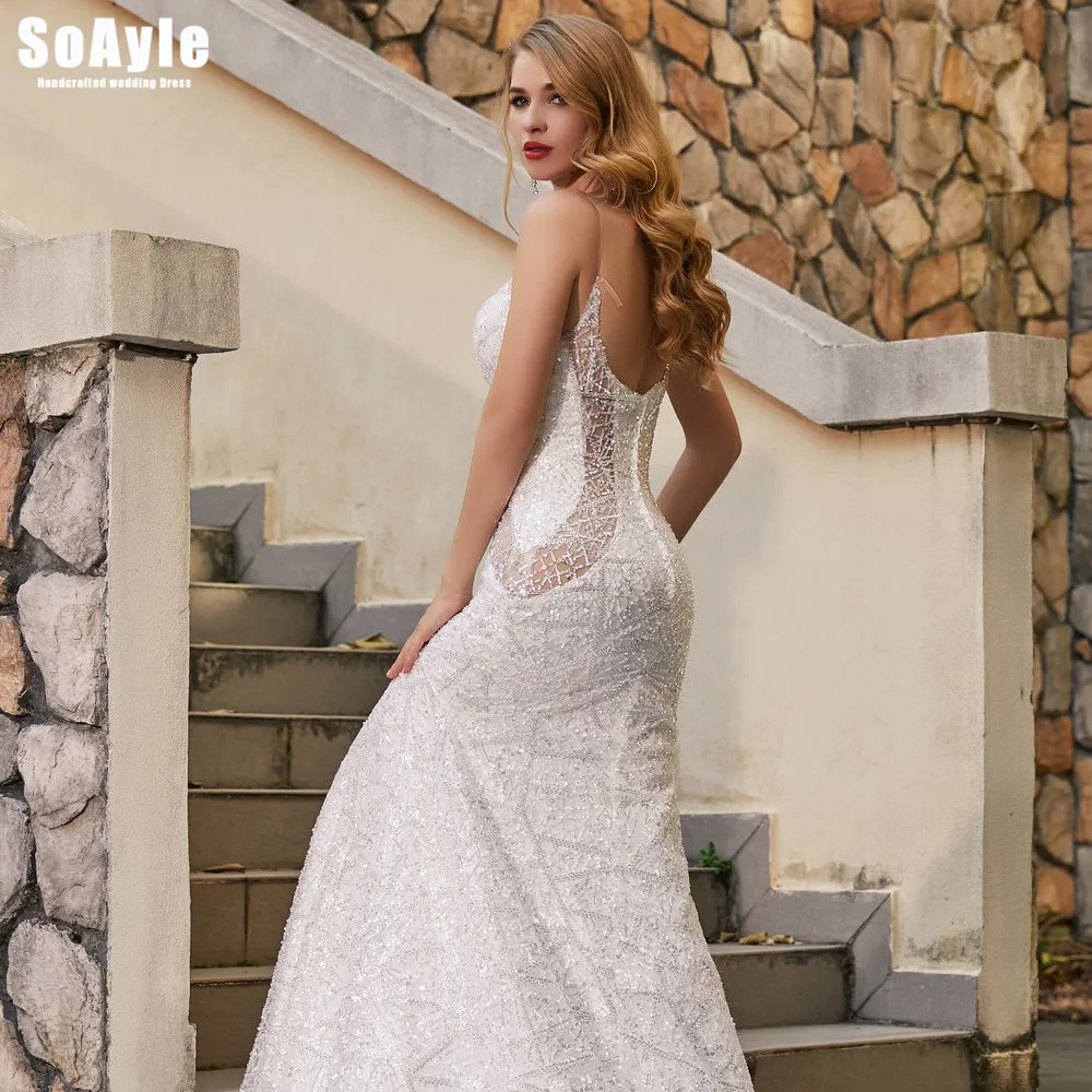 SoAyle #W40 Spaghetti Sleeves Sequins Mermaid Wedding Gown Sexy Luxurious Open Back Wedding Dresses Plus Size Vestido De Novia
