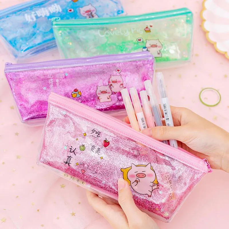 

1pc Pencil Case Kawaii Pig Girl Heart Into The Oil Sequins Sandpaper Bag Creative Transparent Large Capacity Storage Pen Case
