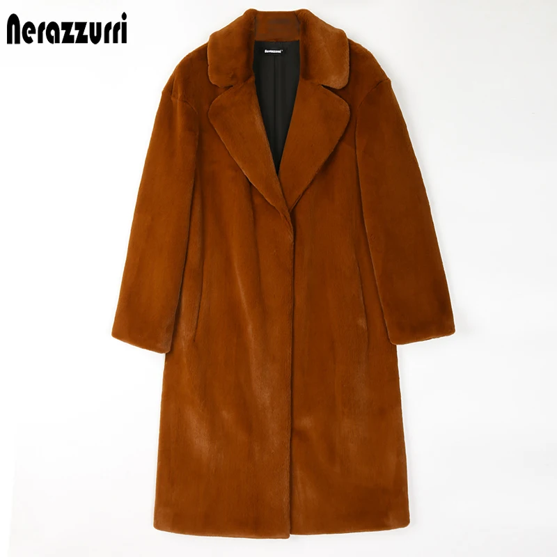 Nerazzurri Long warm thick fluffy caramel faux fur coat women lapel winter clothes women 2020 womens fashions
