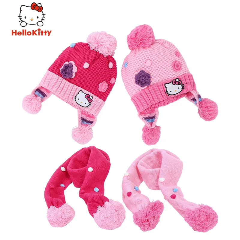 

Детский комплект из шапки и шарфа Hello Kitty, детская осенне-зимняя шерстяная шапка, вязаная шапка для девочек, теплая, удобная и милая