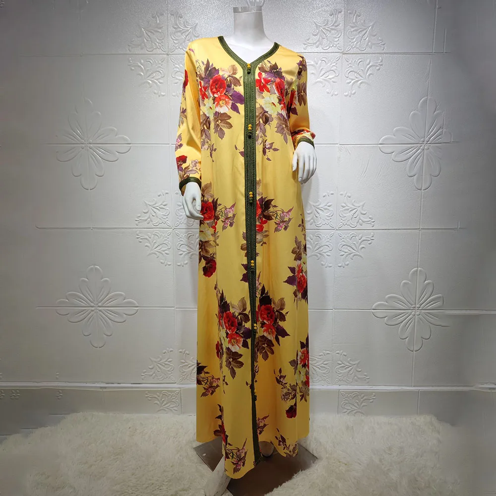 

2021 Muslim Style Fashion Women's Dress Spring Summer Loose Casual Designer Printing V-neck Long Sleeve