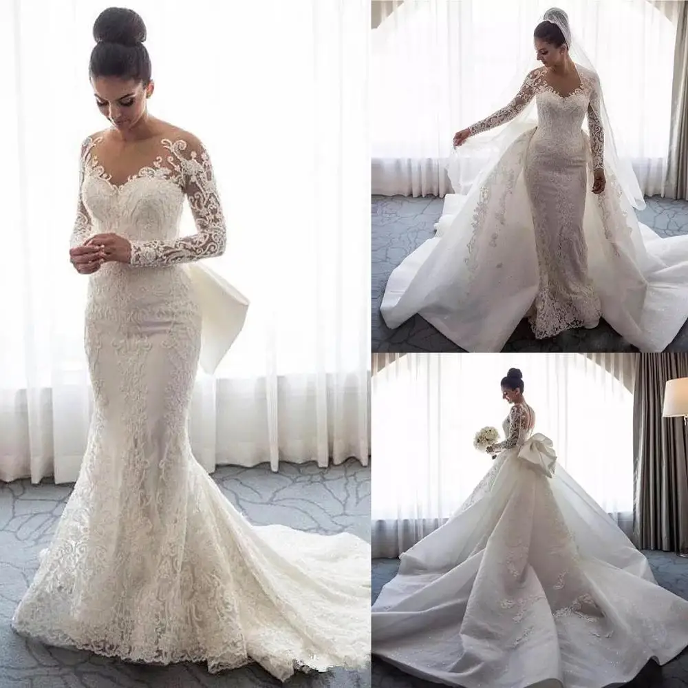 2 Pieces Luxury Wedding Dresses Detachable Train 2022 Elegant Long Sleeve Mermaid White Bride Dress Boho robe de mariee sukienki images - 6