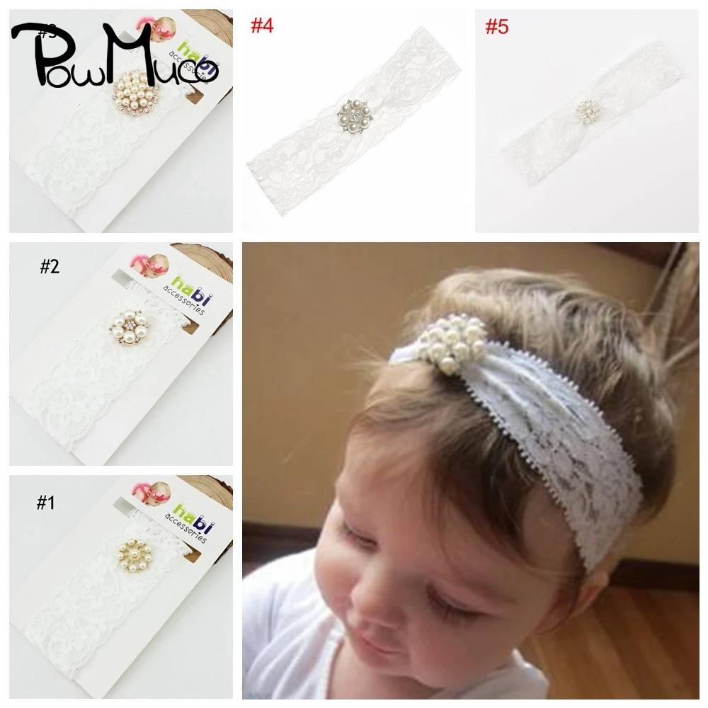 

Powmuco Children Boutique Pearls Rhinestone White Lace Hairband Solid Color Elastic Headband Princess Headwear Kids Accessories