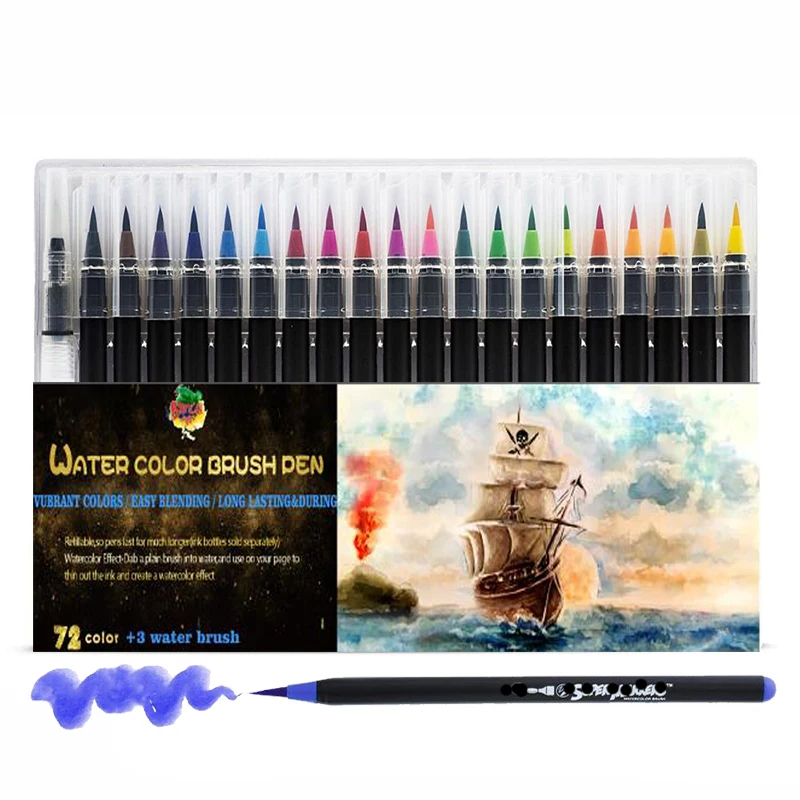 Набор акварельных кистей 72 + 3 цвета с 1 водяными кистями мягкий гибкий наконечник