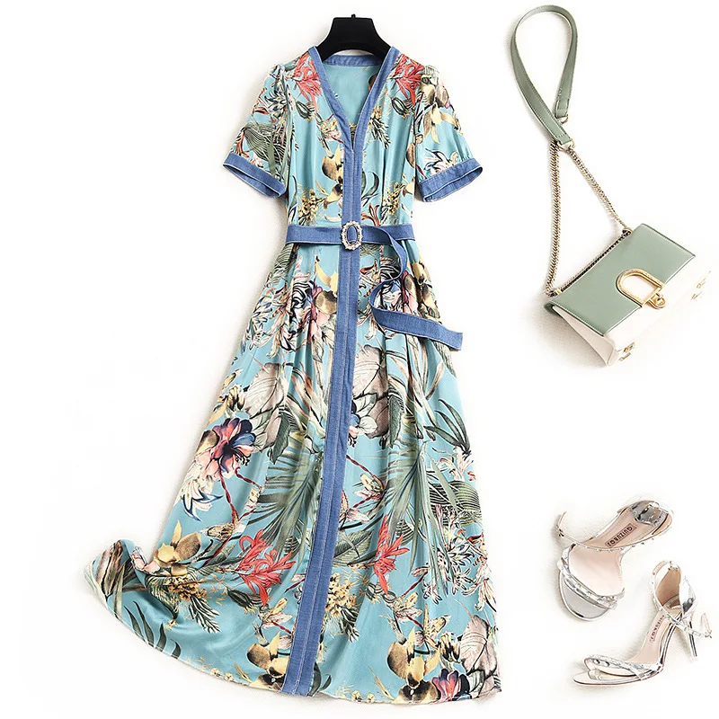 

Women floral pirnt satin patchwork denim dress spring summer 2021 designer V neck a line short sleeve holiday dresses