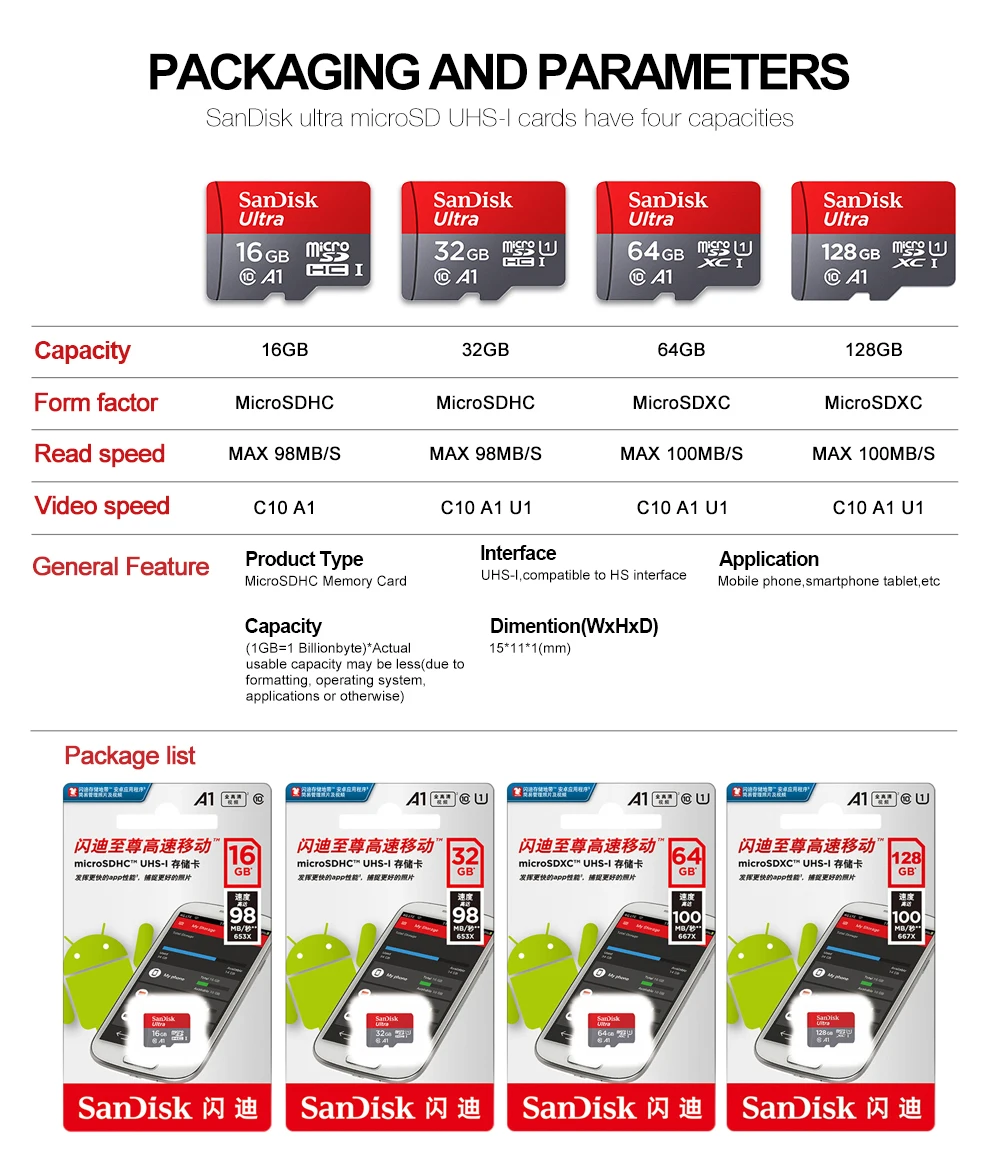 

Sandisk class10 memory card 64GB 16GB Max 98Mb/s micro sd card 128GB 256GB tarjeta microsd 32g A1 mini TF card with Free adapter