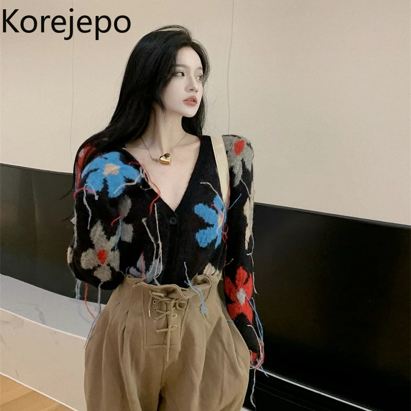 

Женский трикотажный кардиган с бахромой, в Корейском стиле, с контрастными цветами и V-образным вырезом, в стиле ретро, Осень-зима 2021