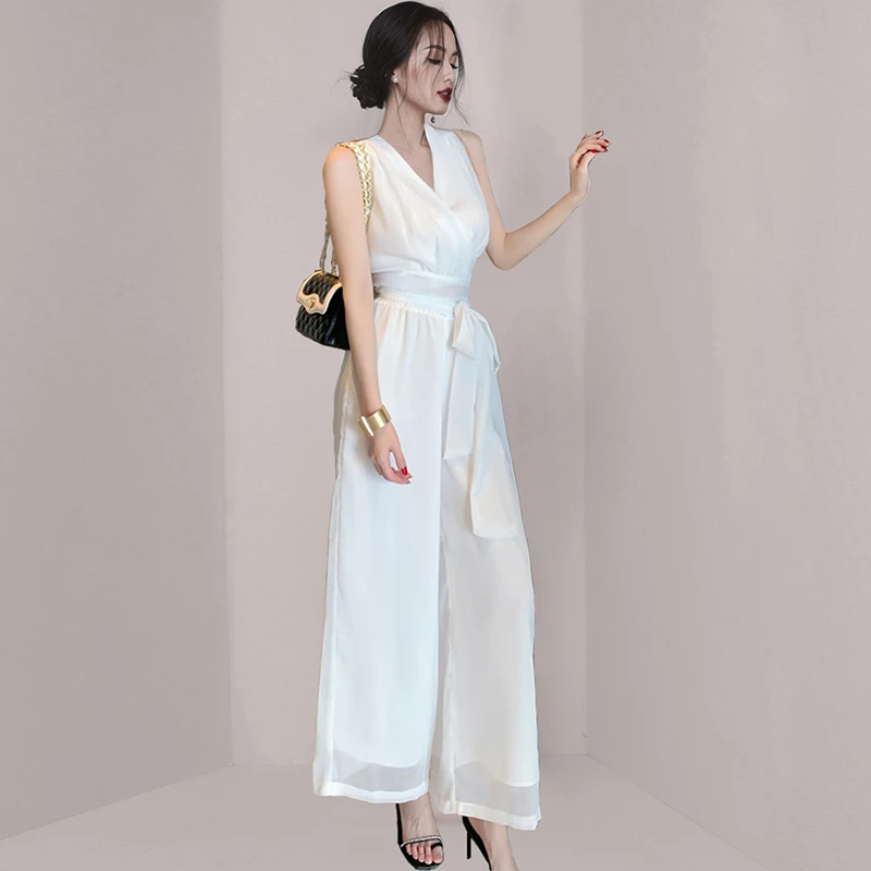 

Женский шифоновый комплект из топа без рукавов с V-образным вырезом и брюк с широкими штанинами