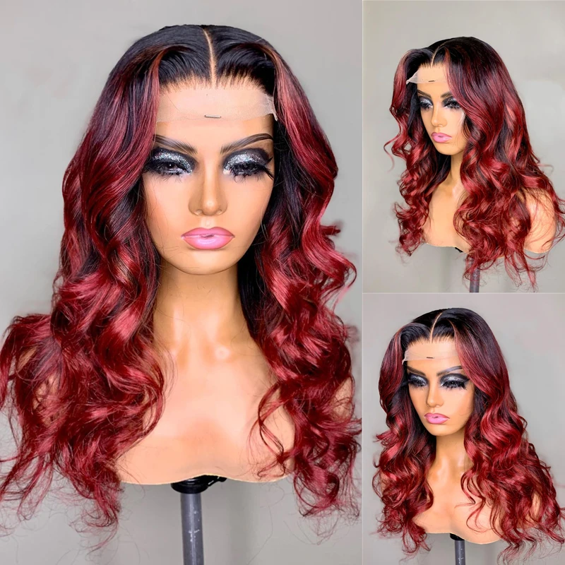Ombre Burgundy 13x6 Lace Front Human Hair Wigs With Baby Hair 1B99J Body Wave Lace Wigs For Women Human Hair
