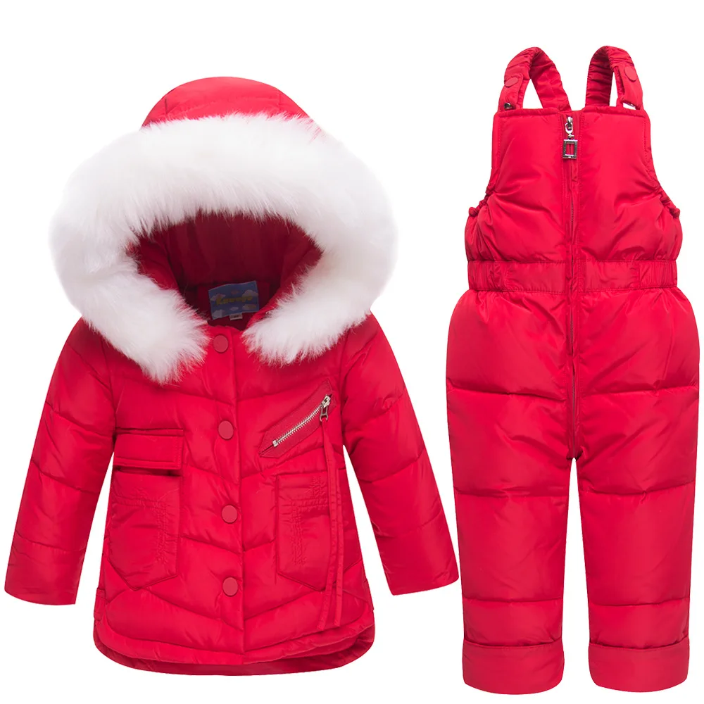 

30 Degrees Solid Hooded White Duck Down Jacket Snow Wear Kids Suit Coat Overalls Thicken Warm Overcoat For 1-3 Y Clothes Set