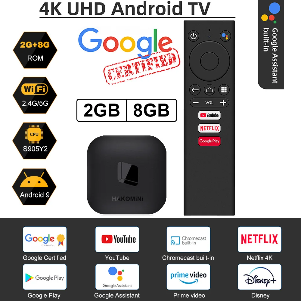 

ТВ-приставка hakхотите S905Y2, Android 9,0, 2 ГБ, 8 Гб, поддержка 4K, 3D, YouTube, Google Play, голосовой помощник Google LEMFO