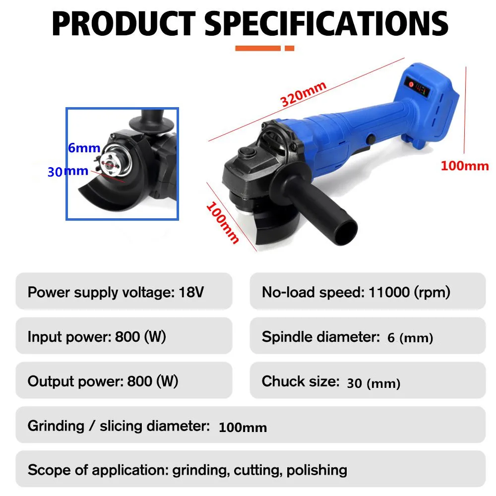 

BLMIATKO 100mm 18V 800W Brushless Cordless Impact Angle Grinder Power Tool Cutting Machine Polisher for Makita Battery