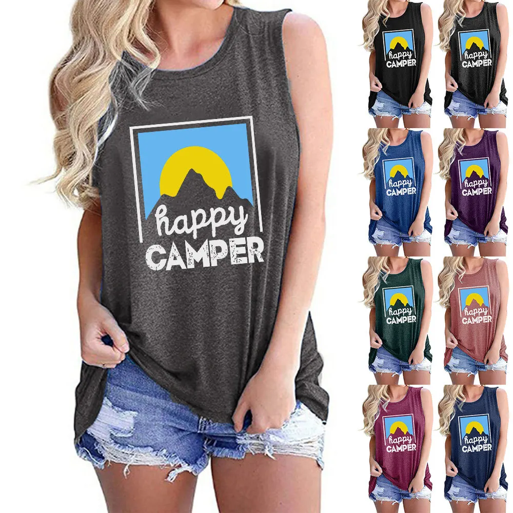 

Women's Vest Happy Camper Printed Round Neck Sleeveless T-shirt Clothing Women Tops 2020 Women Fashion Clothing Women Clothes