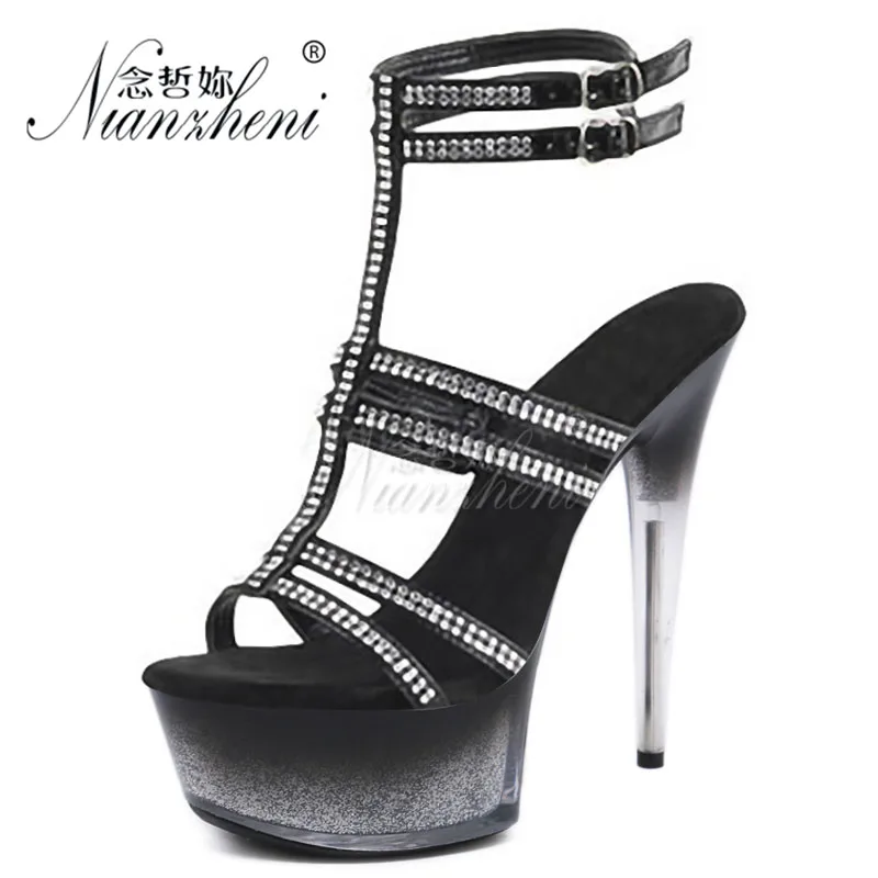 

Fashion Rhinestone Narrow Band Women's Sandals 15CM Super Stiletto Heels Party Dancing Trend Sexy Fetish 6 Inches Open Toe Style