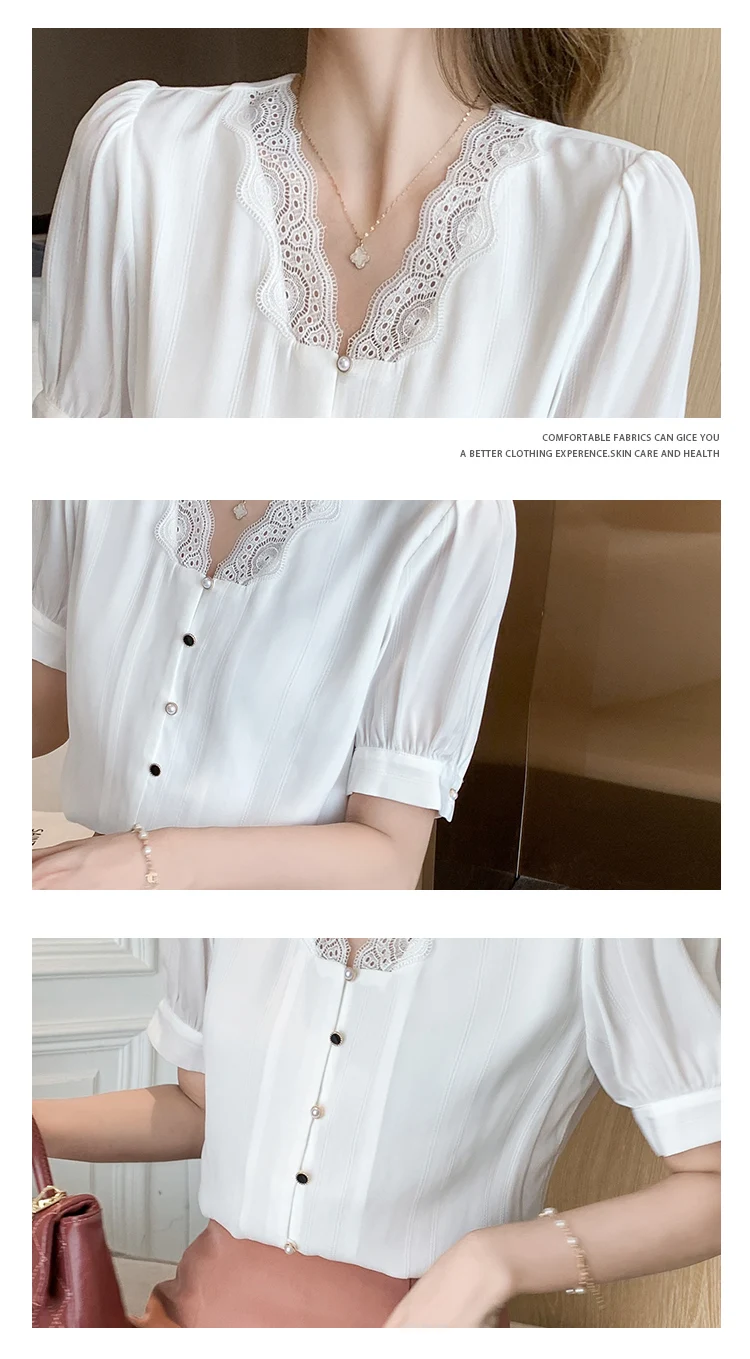 

Women's Blouses Summer Tops New V-neck Shirts Solid Color Splicing Loose Puff Short Sleeves Fashion Casual