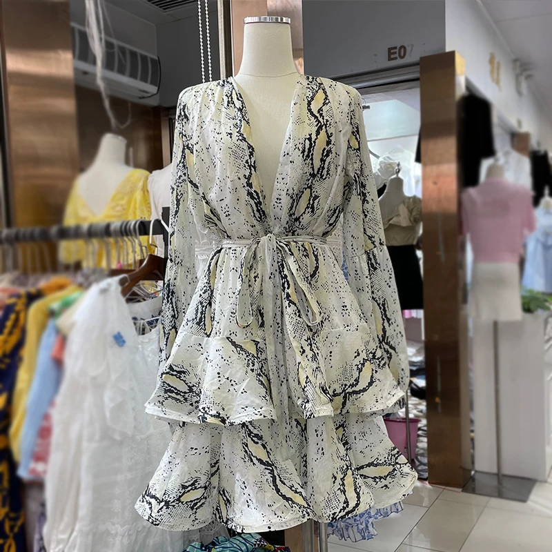 

French Style Temperament Ladies Retro Deep V-neck Female Summer New Sexy Long Sleeve Printed Ruffles Bandage Mid-length Dress