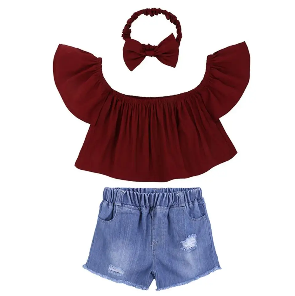 

Одежда из трех предметов для девочек, модные топы с вырезом лодочкой и коротким рукавом и рваные джинсовые шорты с повязкой на голову