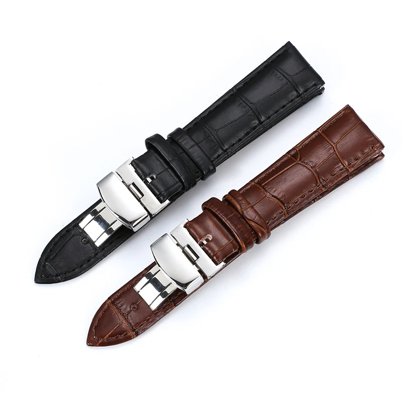 

Watch Band Strap Butterfly Pattern Genuine Leather Deployant Buckle Bracelet Brown Black Watchbands 15-23mm