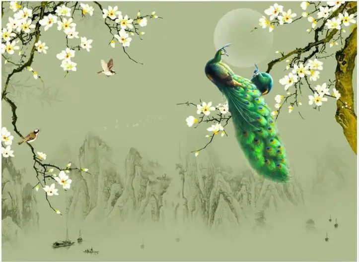 Обои для гостиной Новый Пейзаж в китайском стиле Магнолия Зеленый Цветок Птица