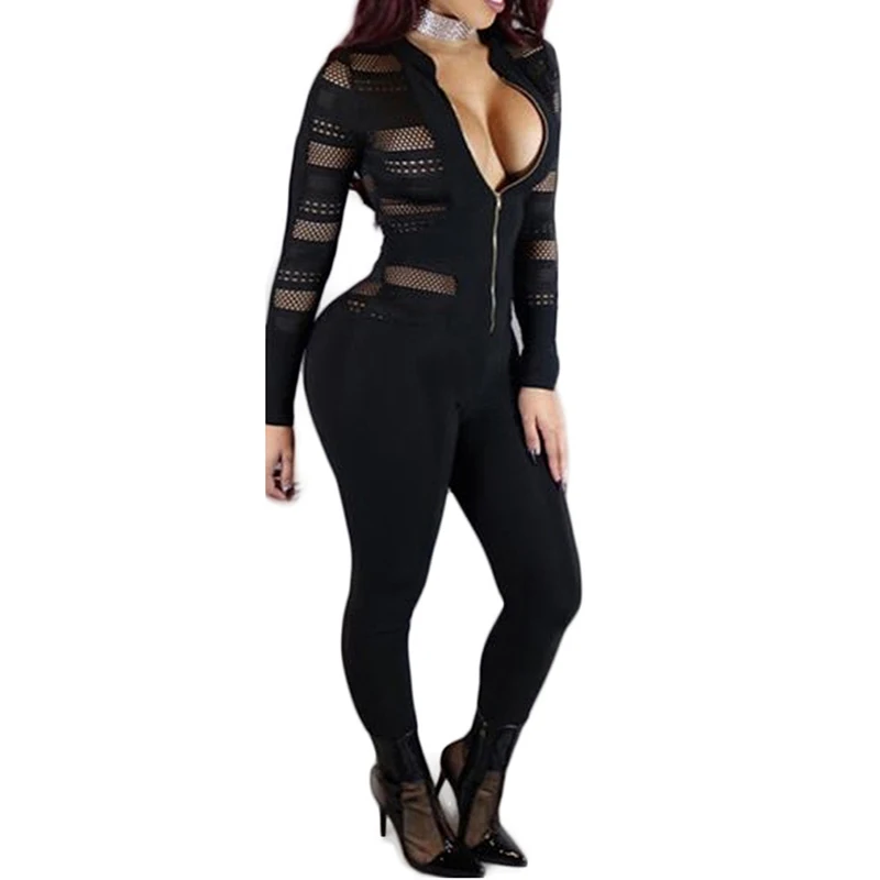 Black Sexy Bodycon Jumpsuit Romper Long Sleeve Bodysuit Women Zipper V Neck Jumpsuit Elegant Full Length Polyester 2020