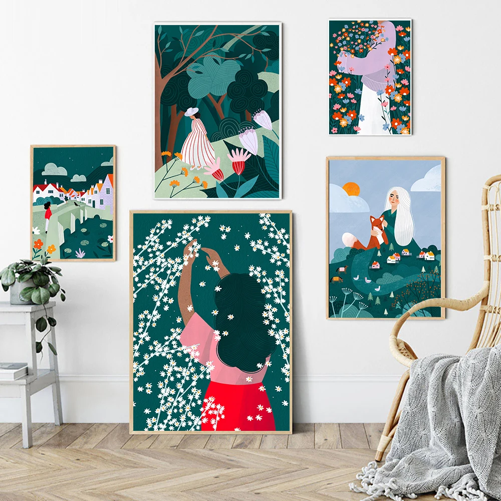 

Абстрактная зеленая девушка, натуральные растения, цветение на стене, искусство, холст, живопись, скандинавские постеры и фотообои для декора гостиной