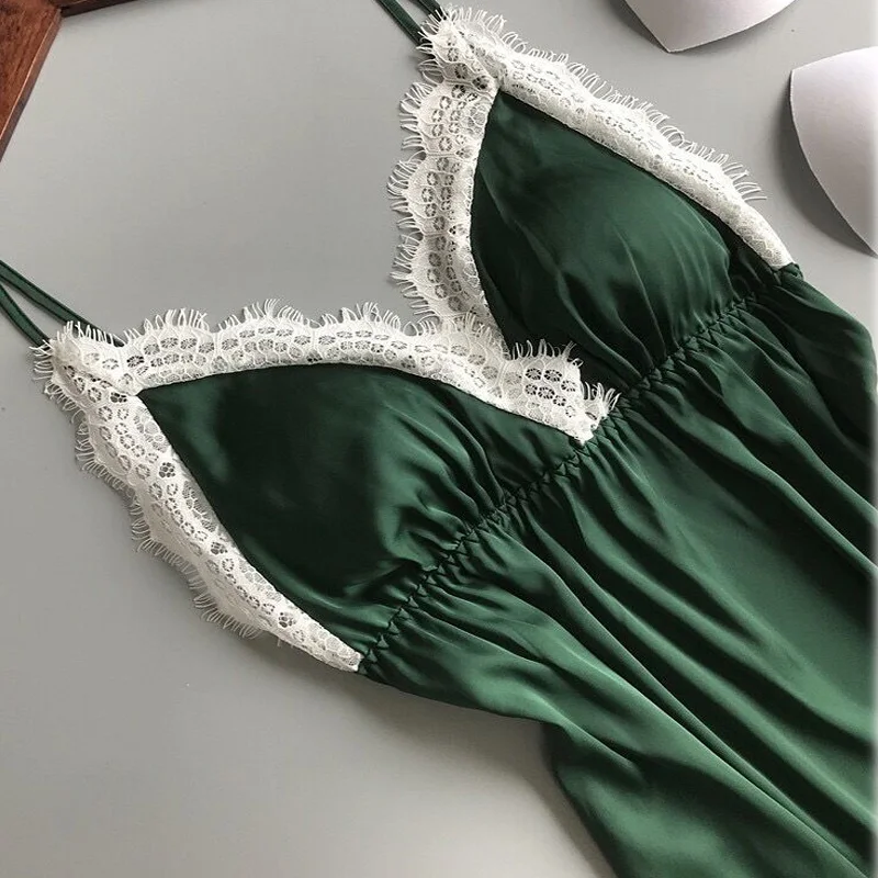 

2020 Women Sexy Silk Satin Night Gown Sleeveless Nightdress V-neck Summer Lace Patchwork Nightgowns Sleeveless Female Sleepwear