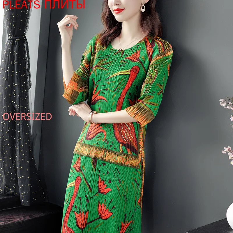 Fashion Suit Female Summer New Style Temperament Digital Printing Miyake Pleated Mid-length Skirt Two-piece Suit Two Piece Set
