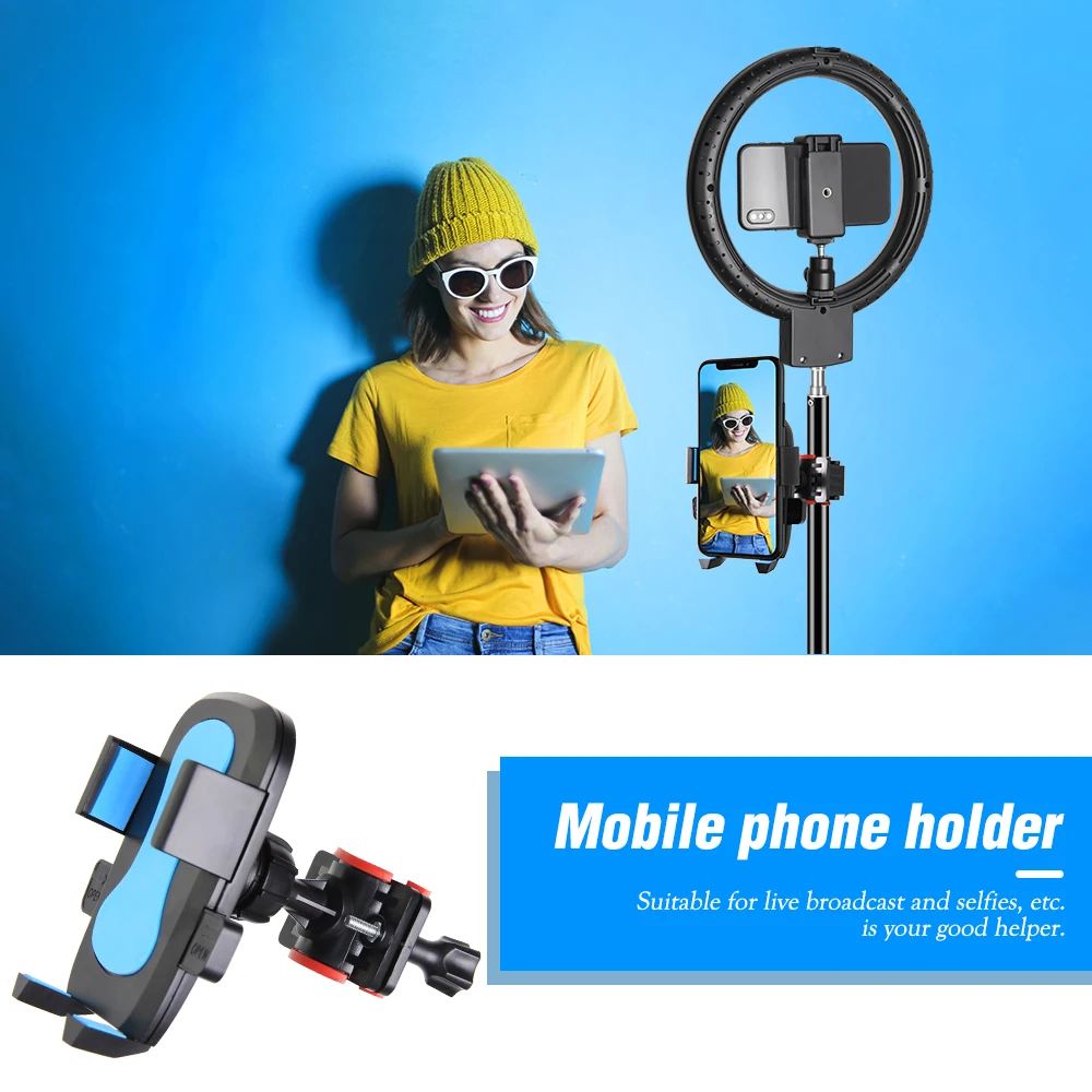 

Blue Phone Holder for Black Tripod Light Stand Selfie Stick Ring Light Youtube Camera Video Photography Studio Accessories