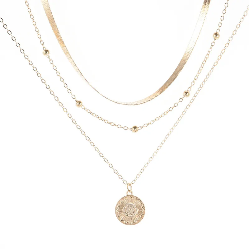 

Gold Silver Color Triple Layered Chain Necklace Women Jewelry Minimalism Snake Chain Choker Necklace Flower Coin Pendant Jewelry