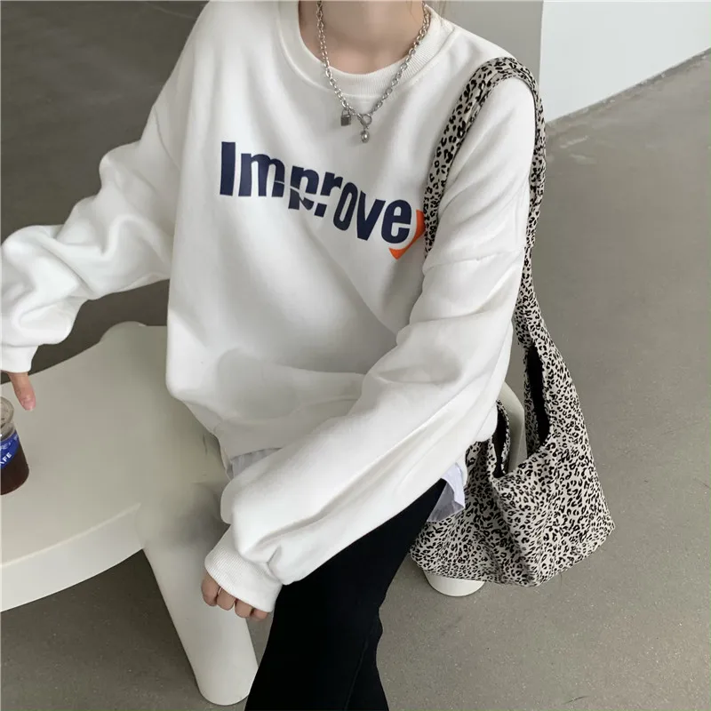 

XZ2076 Plus velvet thick fake two-piece split letter printing loose BF wind long-sleeved Sweatshirts women