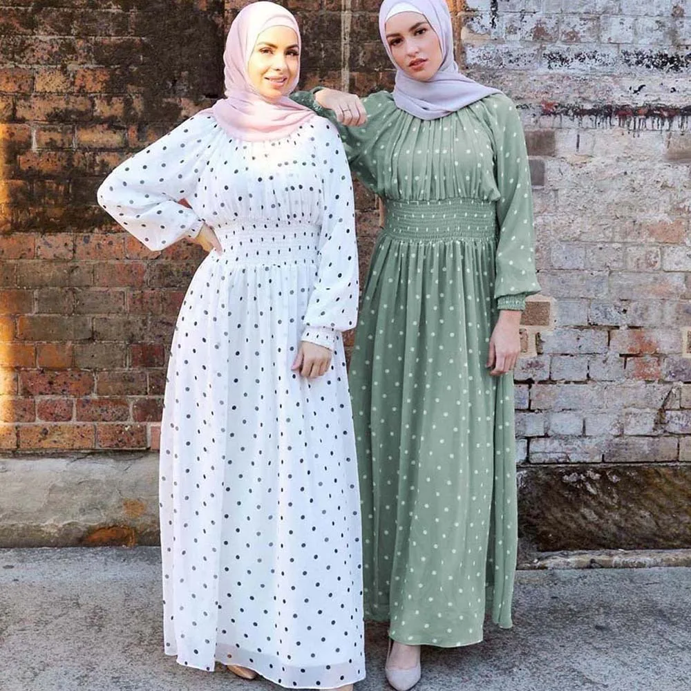 Мусульманских женщин в горошек Макси платье с длинным рукавом Ближний Восток Рамазан Исламская одежда на каждый день или на выход; 2021 модны...