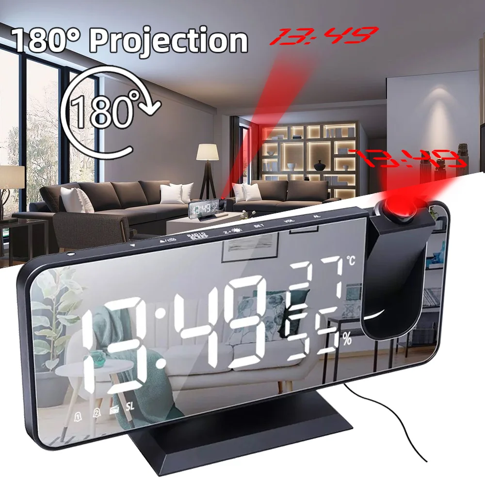 СВЕТОДИОДНЫЙ цифровой смарт-будильник с проекцией на 180 °, часы с USB-зарядкой, настольные электронные часы с FM-радио, часы с функцией повтора - изображение