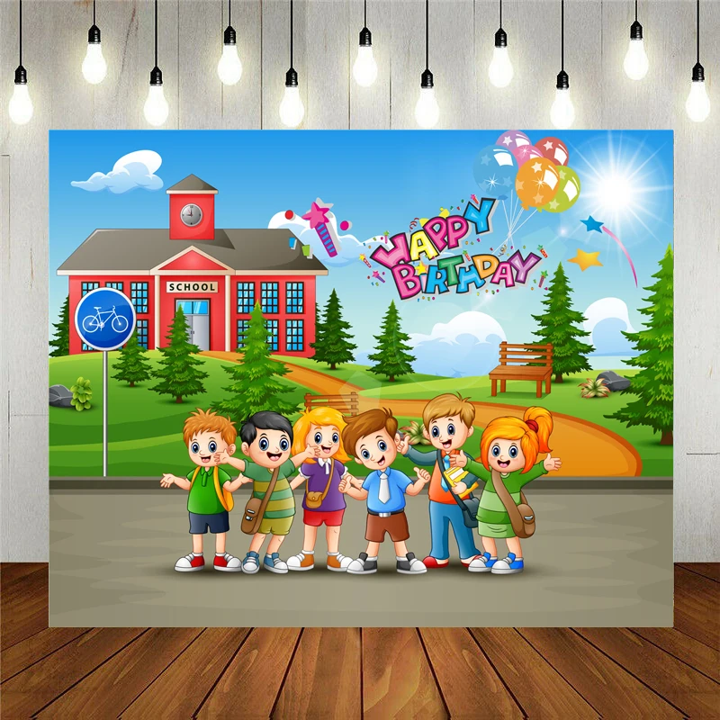 

Nitree Photo Studio Props Photography Backdrop Happy School Children In The Road Vinyl Background Kids Birthday Party Decoration