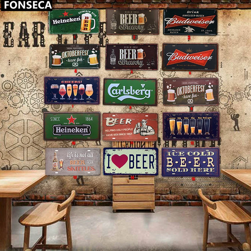 Beer Tin Sign Metal Car Plate License Vintage Shabby Pub Bar Wall Plaques Posters Restaurant Rome Decor Hanging Paintings | Дом и сад