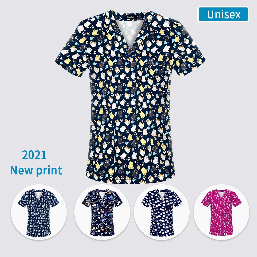 

2021new unisex pattern staff hospital print scrub uniform top for dental clinic supplies nursing nurse female work uniform shirt